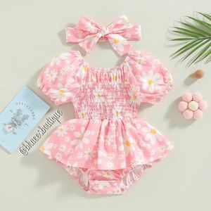 Babygirl Boutique Smocked Pink & White Daisy Spring Skort Romper